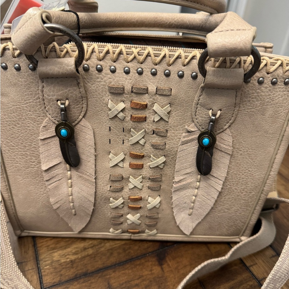 Montana west Tan Handbag with Feather Accents
